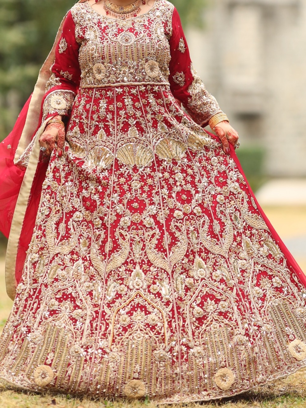 Pakistani, Blood Red and Gold Embroidered Bridal Lehenga